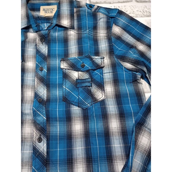 Rustic Blue Brand Men’s Long Sleeve Button Up Shirt size M blue  Plaid - Picture 11 of 12